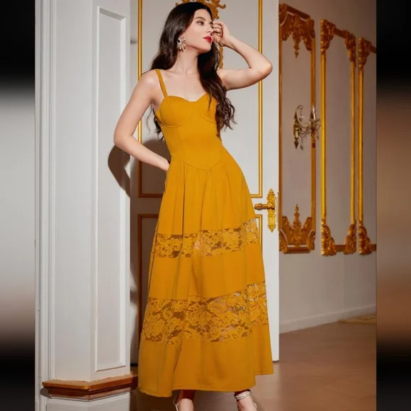 Mustard colored Maxi Dress with floral lace medium - Picture 1 of 5